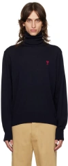 Ami Alexandre Mattiussi Heart-embroidered Turtleneck Sweater In Night Blue/430