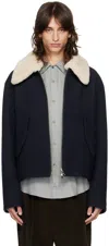 Ami Alexandre Mattiussi Shearling-trimmed Virgin Wool Jacket In Navy Blue/4011