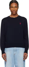 Ami Alexandre Mattiussi Navy Wool Ami De Coeur Crew Neck Sweater In Blue