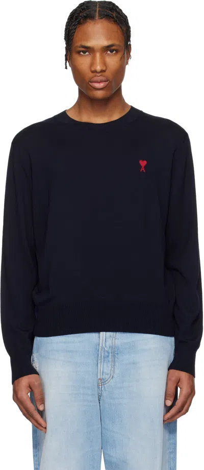 Ami Alexandre Mattiussi Navy Wool Ami De Coeur Crew Neck Sweater In Blue