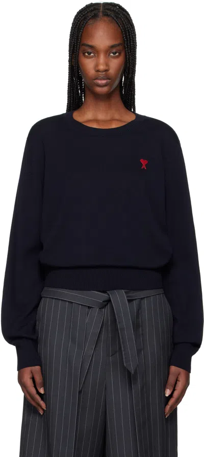 AMI ALEXANDRE MATTIUSSI NAVY WOOL AMI DE COEUR CREW NECK SWEATER