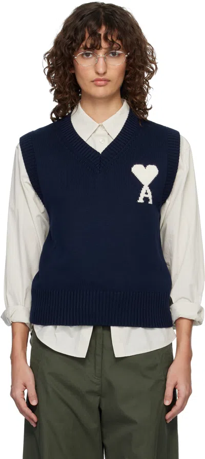 Ami Alexandre Mattiussi Navy Wool & Cotton Sleeveless Ami De Coeur Vest In Neutral