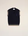 Ami Alexandre Mattiussi Navy Wool Ribbed Sleeveless V Neck Sweater Blue In Navy Blue