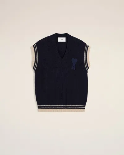Ami Alexandre Mattiussi Navy Wool Ribbed Sleeveless V Neck Sweater Blue In Navy Blue