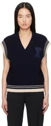 Ami Alexandre Mattiussi Navy Wool Ribbed Sleeveless V Neck Vest In Navy Blue/4011