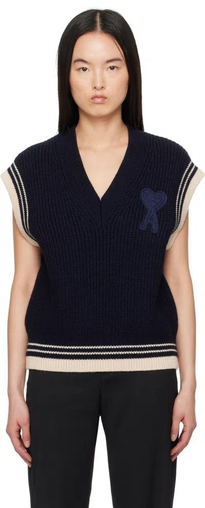 Ami Alexandre Mattiussi Navy Wool Ribbed Sleeveless V Neck Vest In Navy Blue/4011
