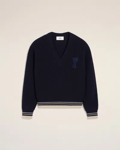 AMI ALEXANDRE MATTIUSSI NAVY WOOL RIBBED V NECK SWEATER BLUE