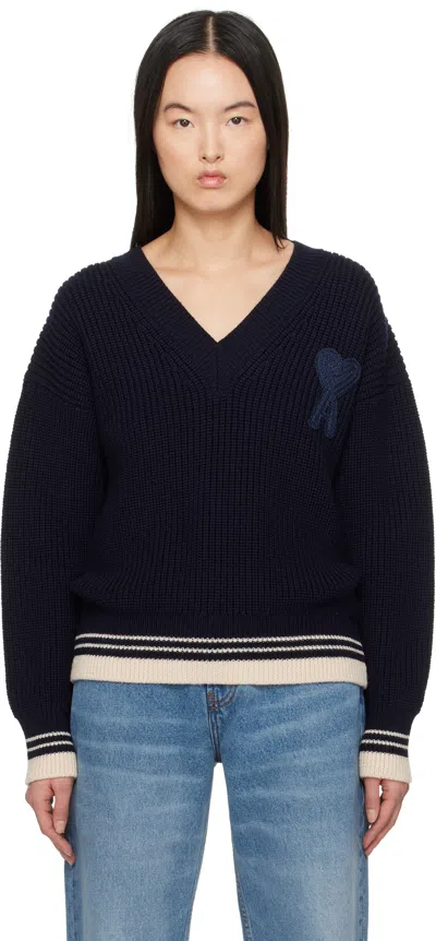 Ami Alexandre Mattiussi Navy Wool Ribbed V-neck Sweater In Navy Blue/4011