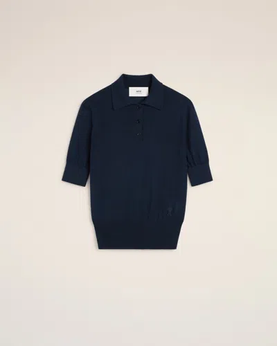 Ami Alexandre Mattiussi Navy Wool Silk Tonal Ami De Coeur Polo Blue In Bleu Marine