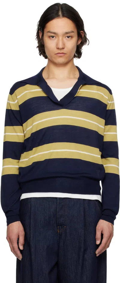 AMI ALEXANDRE MATTIUSSI NAVY WOOL SILK TONAL STRIPED POLO