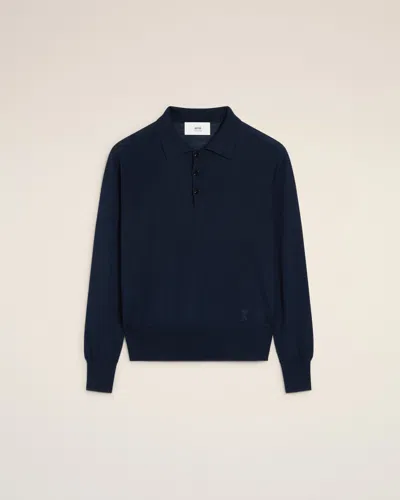 Ami Alexandre Mattiussi Navy Wool Tonal Ami De Coeur Polo Blue In Navy Blue