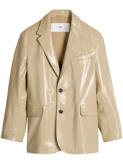 Ami Alexandre Mattiussi Notched Lapels Leather Blazer In Neutrals