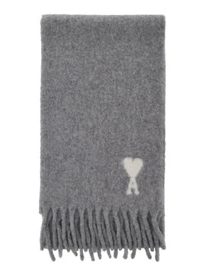 AMI ALEXANDRE MATTIUSSI GREY RECTANGULAR OVERSIZE SCARF WITH ADC LOGO ON THE FRONT IN WOOL BLEND WOMAN