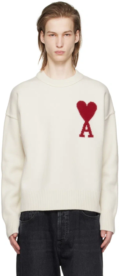 Ami Alexandre Mattiussi Off-white Ami De Cœur Sweater In 154 Off-white/red