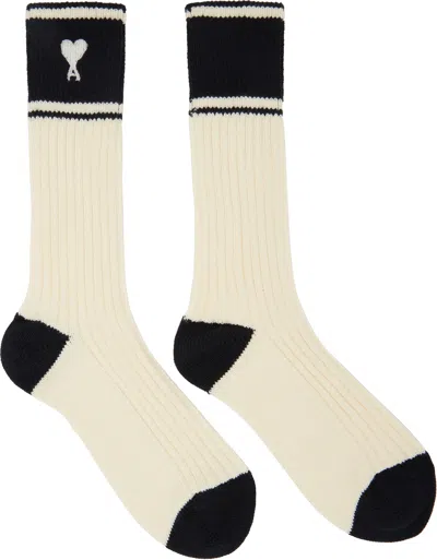 AMI ALEXANDRE MATTIUSSI OFF-WHITE COTTON AMI DE COEUR STRIPED SOCKS