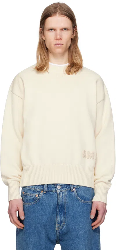 Ami Alexandre Mattiussi Off-white Cotton 'ami' Embroidered Crewneck Sweater In 136 White Cream