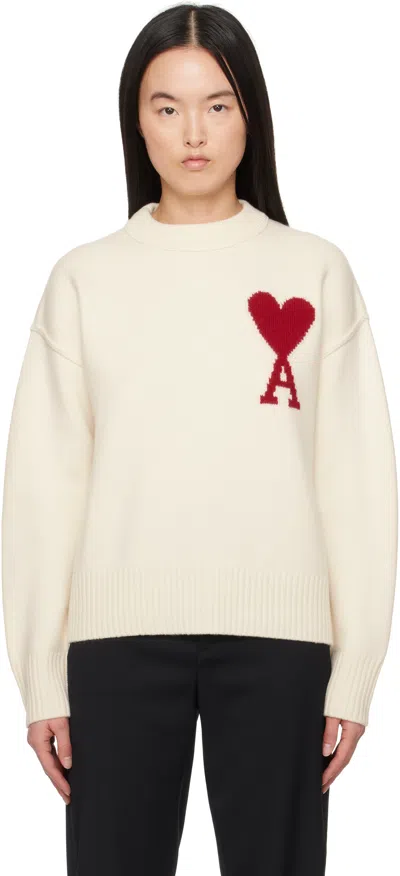Ami Alexandre Mattiussi Off-white Wool Ami De Coeur Sweater In Off-white/red/154