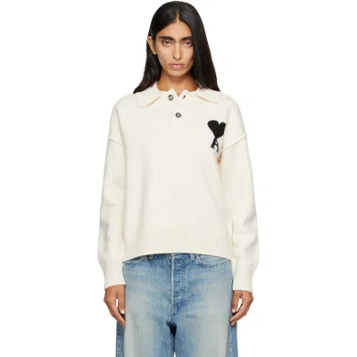 Ami Alexandre Mattiussi Off-white Ami De Coeur Wool Polo In 151 Ecru/noir