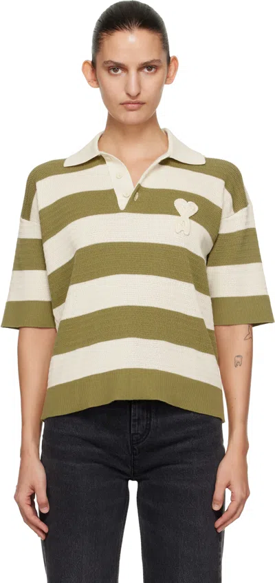 Ami Alexandre Mattiussi Ami Paris Ami De Coeur Striped Cotton Knit Polo Shirt In Brown