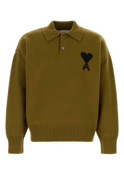 Ami Alexandre Mattiussi Olive Green Wool Polo Shirt In Blue