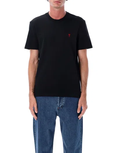Ami Alexandre Mattiussi Ami Paris Organic Cotton Mini Logo Classic Fit T-shirt With Red Heart Embroidery In Black