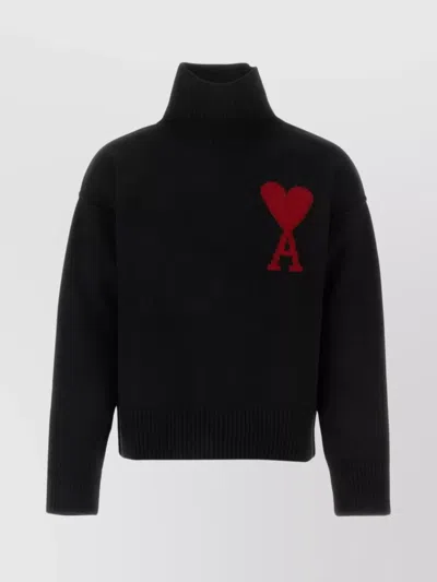 Ami Alexandre Mattiussi Oversize Wool Sweater Turtleneck Ribbed Cuffs Hem In Black