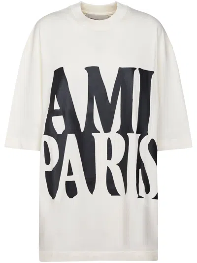 Ami Alexandre Mattiussi Oversized Cotton T-shirt With Bold Ami Paris Print In Neutral