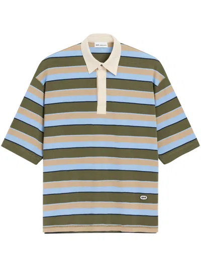 Ami Alexandre Mattiussi Oversized Striped Polo Shirt With Signature Ami Patch In Green