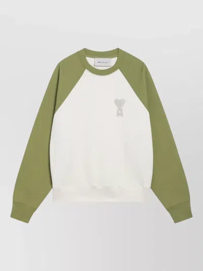 Ami Alexandre Mattiussi White And Green Cotton Knitted Ami De Coeur Sweatshirt White In Multi