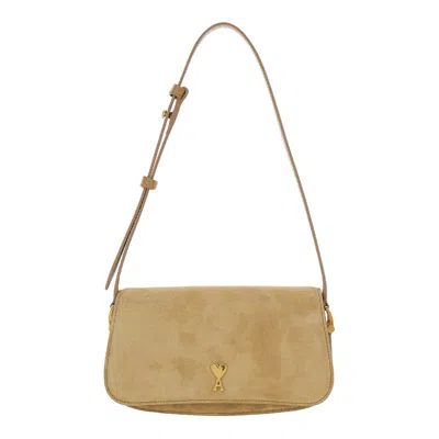 Ami Alexandre Mattiussi Paris Beige Shoulder Bag With Adjustable And Removable Strap Adc Plaque On Front In Suede Woman Calf In Brown
