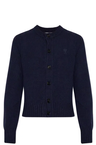 Ami Alexandre Mattiussi Paris De Coeur Logo Embroidered Knit Cardigan In Blue