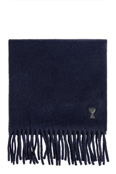 Ami Alexandre Mattiussi Paris Logo Patch Fringed-edge Scarf In Blue