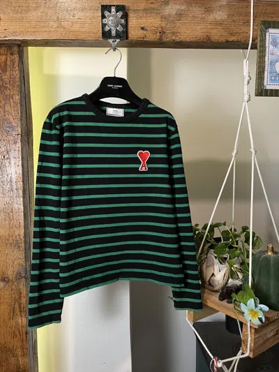 Pre-owned Ami Alexandre Mattiussi Paris Striped Black Green Heart Logo Sweatshirt In Green Black