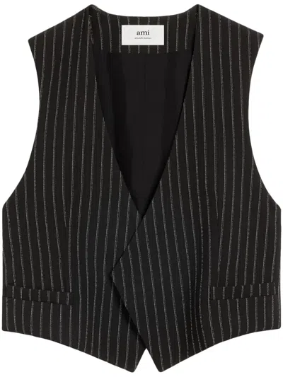 Ami Alexandre Mattiussi Pinstriped Crepe Vest In Black