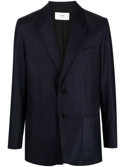 Ami Alexandre Mattiussi Pinstriped Single-breasted Blazer In Night Blue/ivory