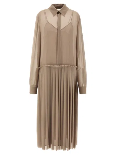 Ami Alexandre Mattiussi 'sheer Pleated Midi Dress With Buttoned Cuffs' In Beige