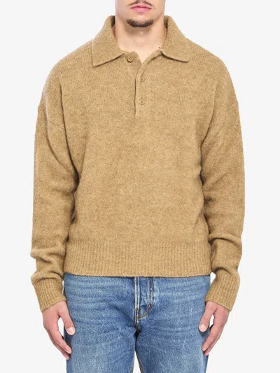 Ami Alexandre Mattiussi Alpaca And Wool Blend Long Sleeve Polo In Nude