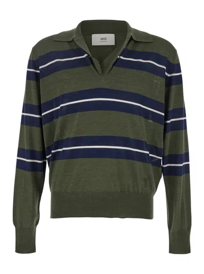 AMI ALEXANDRE MATTIUSSI GREEN POLO WITH ALL-OVER STRIPED MOTIF AND POLO-STYLE COLLAR IN WOOL AND SILK BLEND MAN