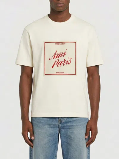 Ami Alexandre Mattiussi Boxy Fit Short Sleeves Teehisrt With Signature Print At Front In Neutral