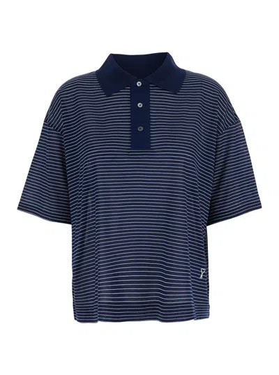 Ami Alexandre Mattiussi Polo Striped Boxy Fit With Ami De Coeur Patch In Blue In Gold