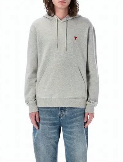 Ami Alexandre Mattiussi Pullover Hoodie With Drawstring And Embroidered Logo In Gray