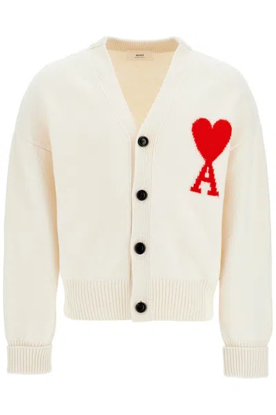 AMI ALEXANDRE MATTIUSSI PURE VIRGIN WOOL CARDIGAN WITH JACQUARD LOGO