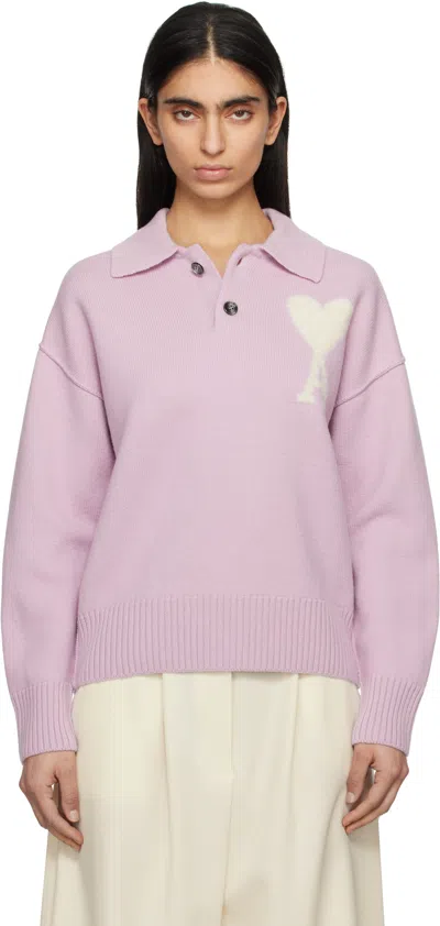 Ami Alexandre Mattiussi Purple Wool Ami De Coeur Polo In Lila/ecru/505
