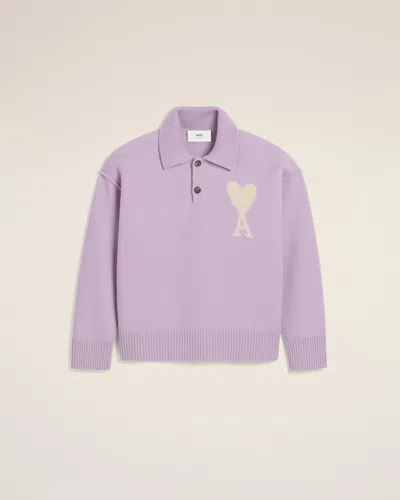 Ami Alexandre Mattiussi Ami De Coeur Knit Polo Shirt In Lilac/off White