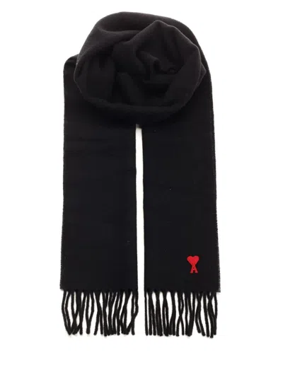 Ami Alexandre Mattiussi Rectangular Wool Scarf With Fringed Ends In Black