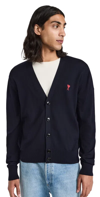 Ami Alexandre Mattiussi Ami Paris Men Blue Cardigan With V Neck And Adc Embroidery On The Front In Wool Blend Man