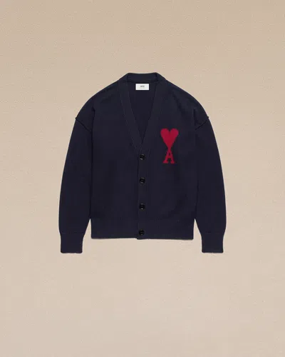 Ami Alexandre Mattiussi Blue Wool Red Ami De Coeur Cardigan Blue