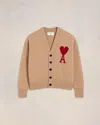 Ami Alexandre Mattiussi Ami De Coeur Wool Cardigan In Camel/ Red