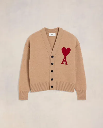 Ami Alexandre Mattiussi Ami De Coeur Wool Cardigan In Camel/ Red