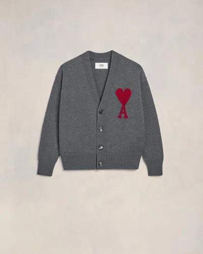 AMI ALEXANDRE MATTIUSSI GREY WOOL AMI DE COEUR CARDIGAN GREY